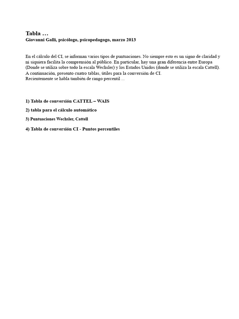Tablas de Conversión de CI Wechsler y Cattell | PDF | Escala de ...