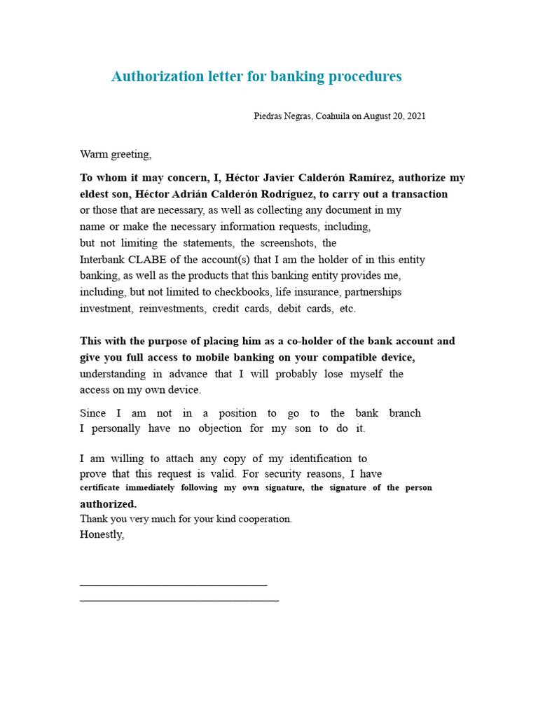 Authorization Letter For Banking Procedures | PDF
