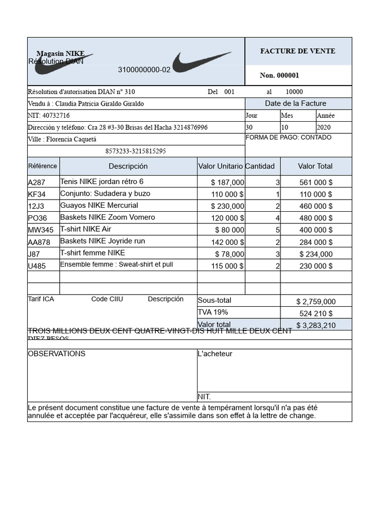 Factures de vente NIKE détaillées 2020 | PDF | Nike