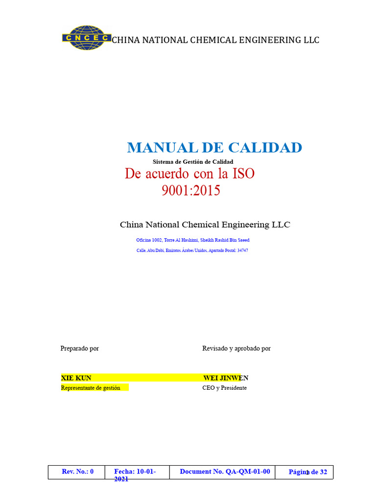 Manual de Calidad ISO 9001:2015 CNCE LLC | PDF | Sistema de manejo de ...