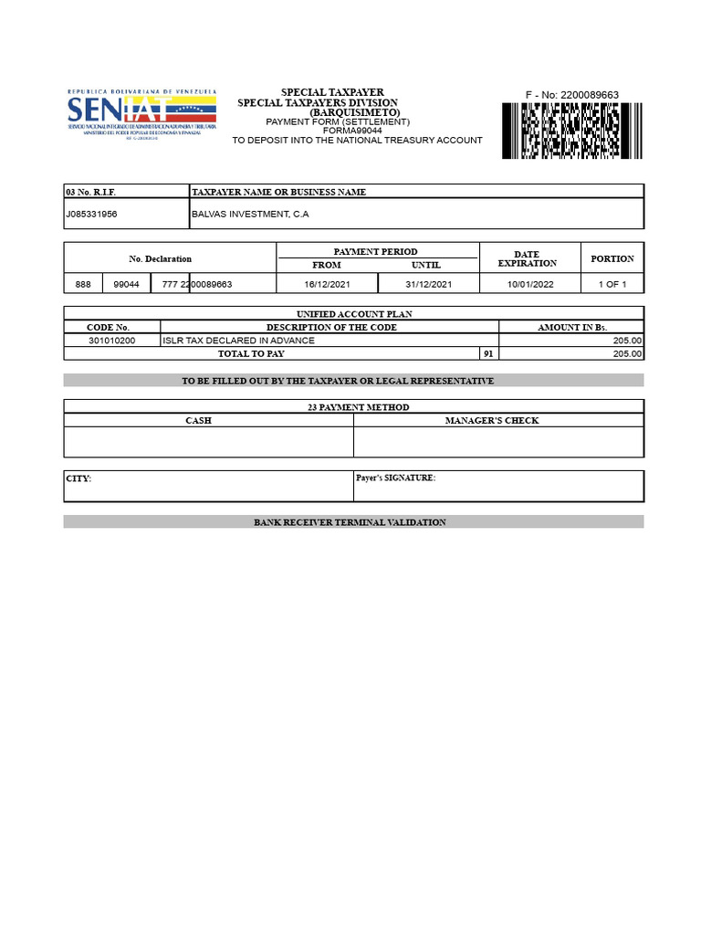 Seniat - Payment Form For Islr Advance 2ND - 12 - 21 | PDF