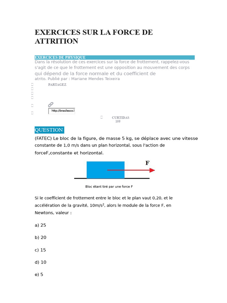 Exercices sur la Force de Frottement | PDF | Friction | Obliger