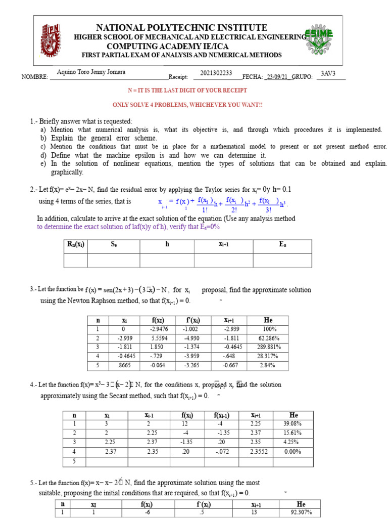 Numerical Analysis Exam ESIME Zac | PDF | Numerical Analysis | Mathematics