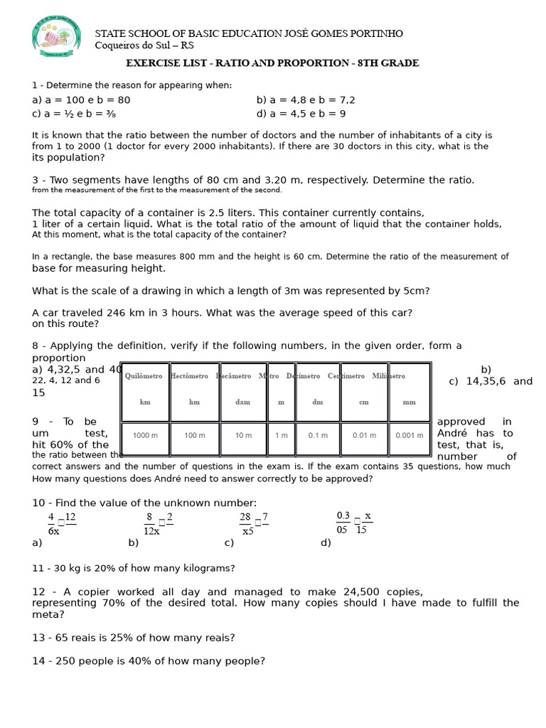 Exercises List Reason and Proportion 8th Grade | PDF | Ratio | Quantity
