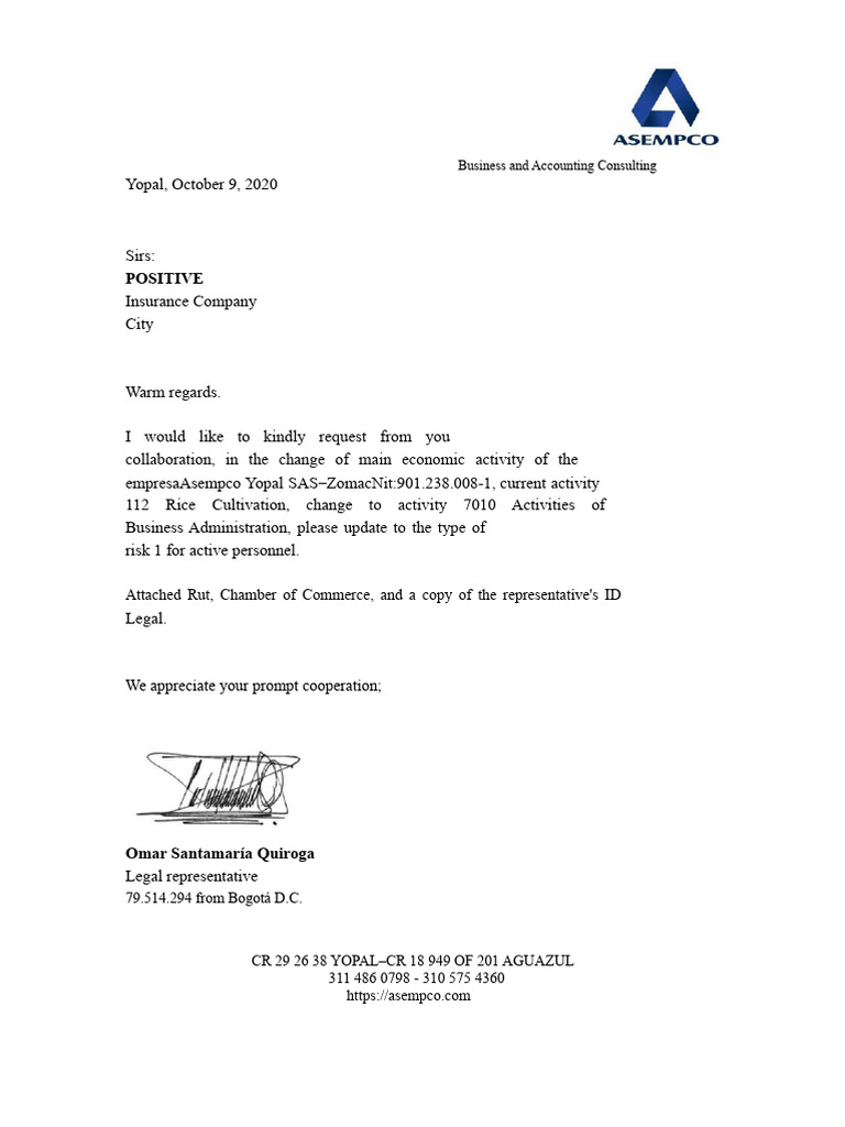 Positive Letter Change of Activity and Risk, RUT, ID and Copy of ID Rad ...