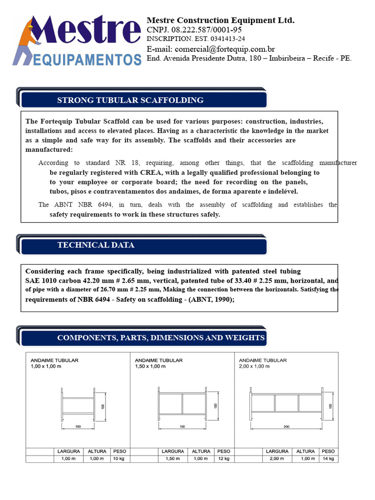 Fortequip Tubular Scaffolding Specs | PDF | Scaffolding