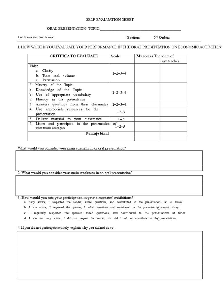 Oral Presentation Self-Evaluation Sheet | PDF | Cognition | Human ...