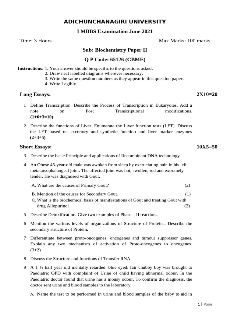 Biochemistry Paper II 25-06-2021 2019 Batch | PDF | Biology | Life Sciences