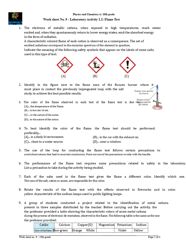 10th Grade Flame Test Lab Worksheet | PDF