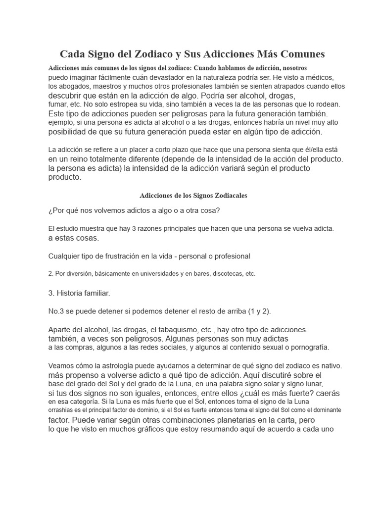 Signo Del Zodiaco y Sus Adicciones Más Comunes | PDF | Zodíaco | Horóscopo