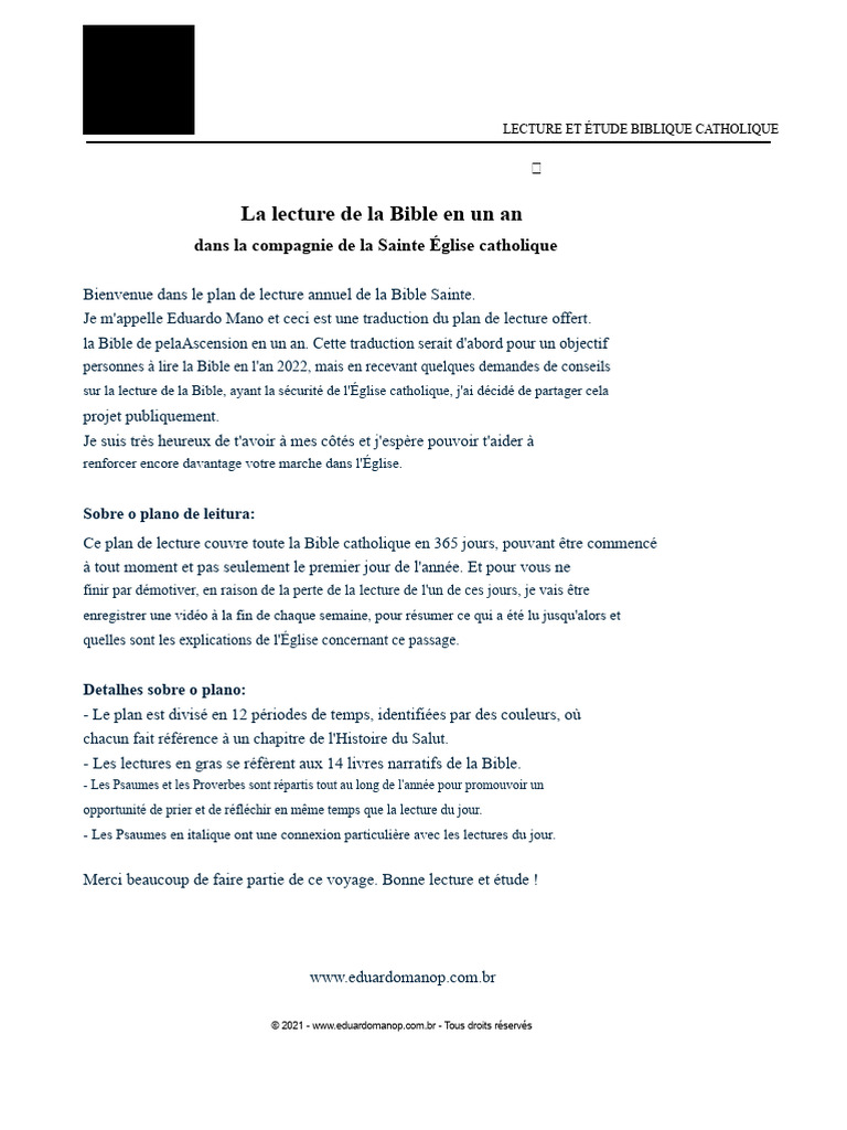 Plan de Lecture Biblique Catholique | PDF | Bible | Église chrétienne
