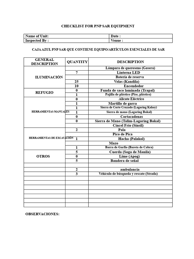 Checklist Equipos SAR PNP y Primeros Auxilios | PDF | Herramientas