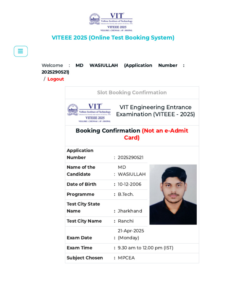 VITEEE 2025 Slot Booking Confirmation | PDF