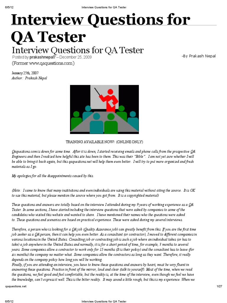 Interview Questions For QA Tester | PDF | Software Testing | Software Bug