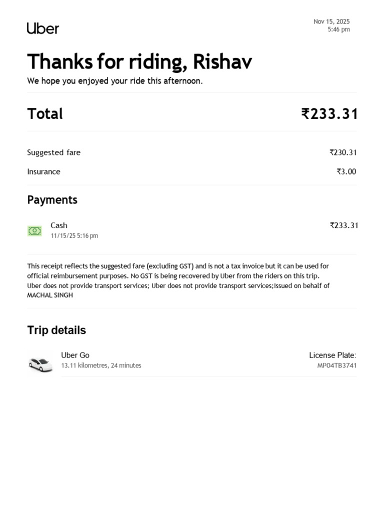 Uber Ride Receipt for Rishav | PDF