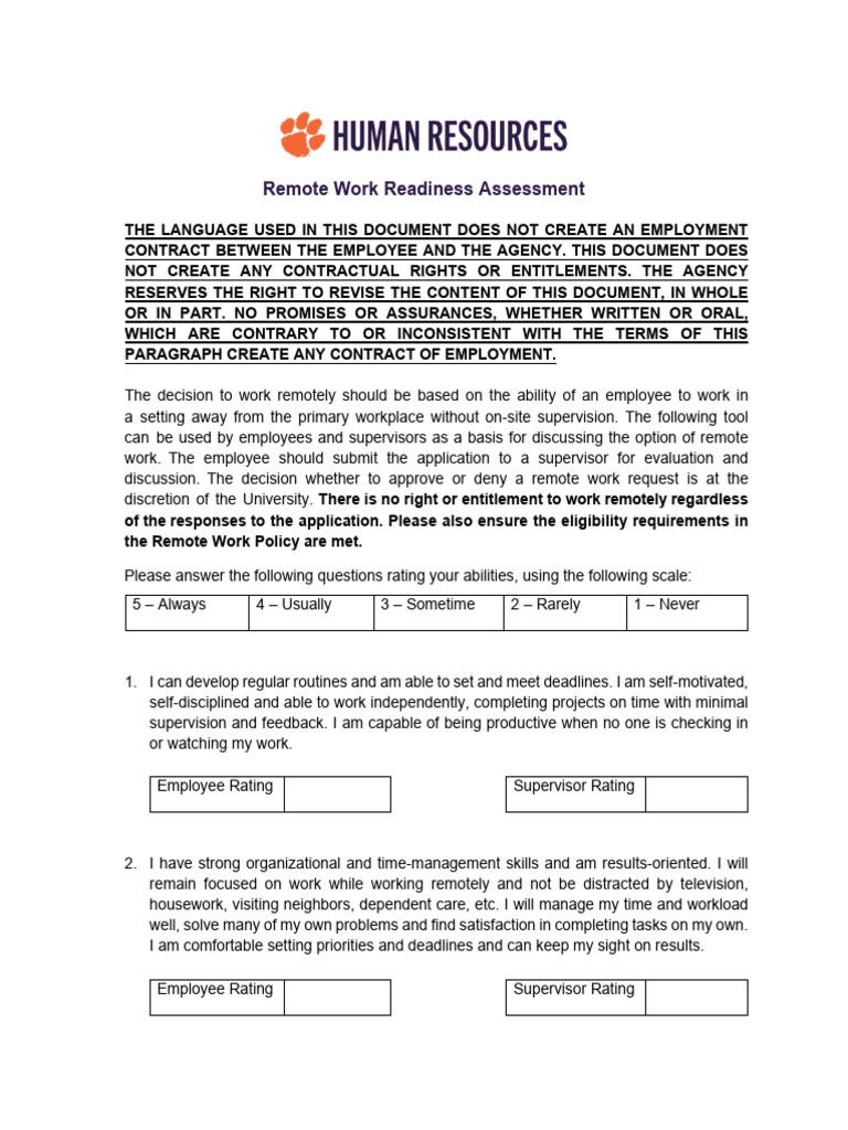 Remote Work Readiness Evaluation Tool | PDF | Employment | Procedural ...
