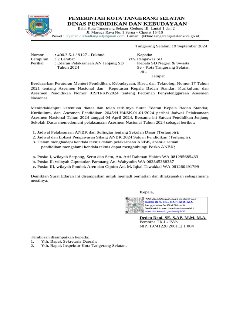 Edaran Asesmen Nasional SD 2024 Tangerang | PDF