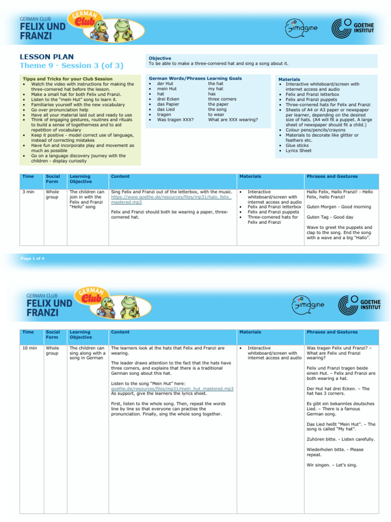 German Lesson Plan: Three-Cornered Hats | PDF | Learning | Human ...
