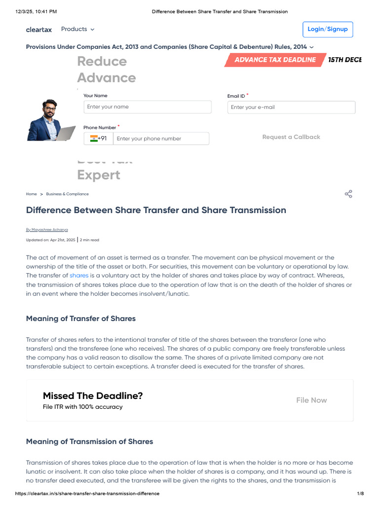 Difference Between Share Transfer and Share Transmission | PDF | Taxes ...