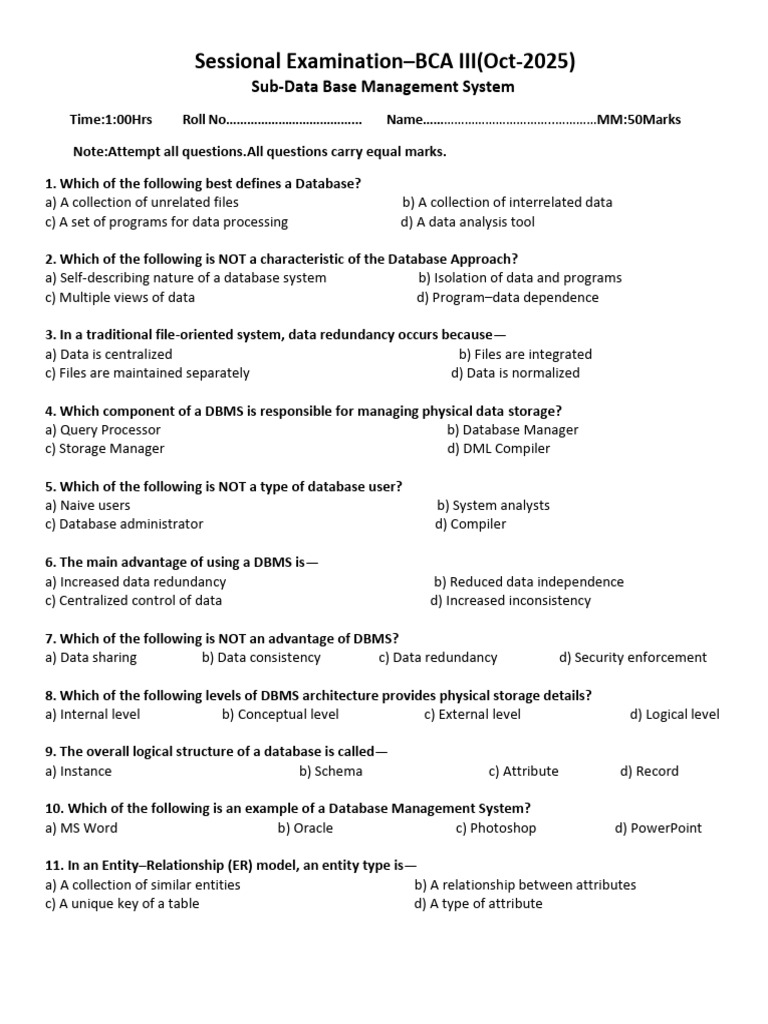 BCA III Database Management Exam 2025 | PDF | Relational Model ...