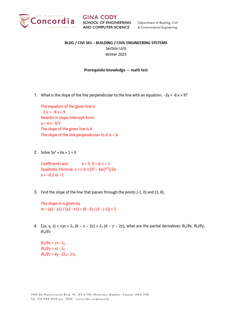 BLDG-CIVI 341 Prerequisite Knowledge - Math Test | PDF
