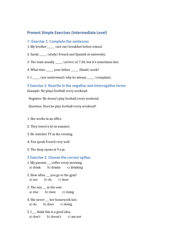 Present Simple Exercises for Intermediate Learners | PDF