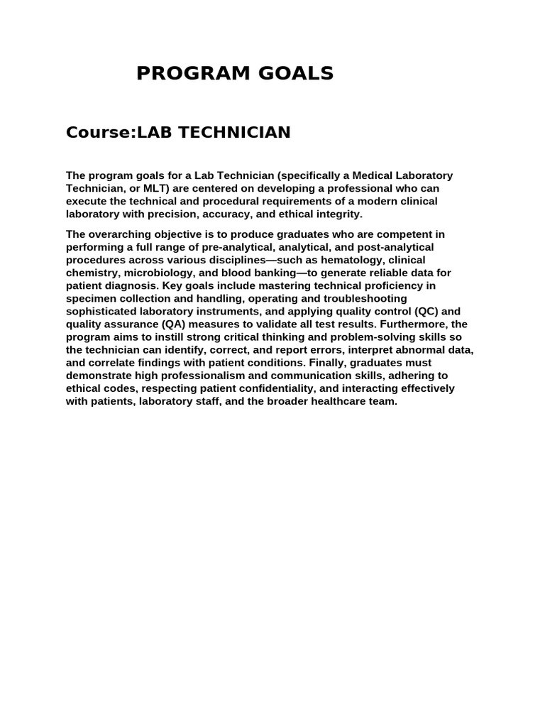Lab Technician Program Goals Explained | PDF