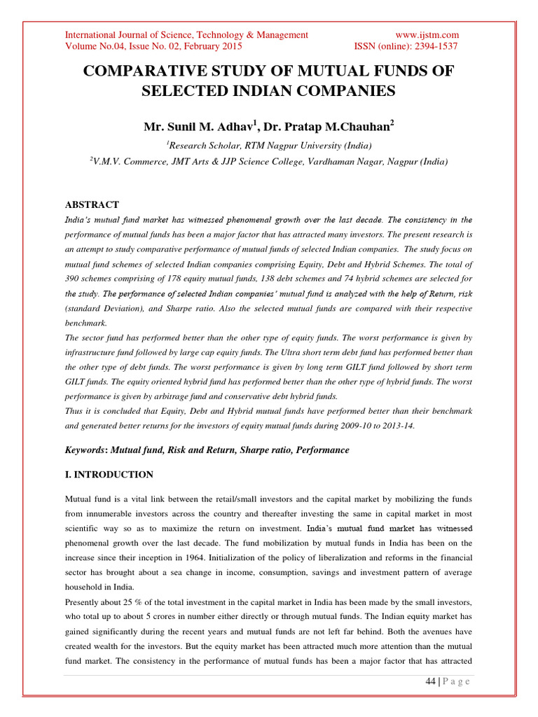 Comparative Study of Mutual Funds of Sel (2) | PDF | Sharpe Ratio ...