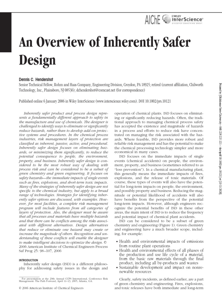 Inherently Safer Design in Chemical Processes | PDF ...