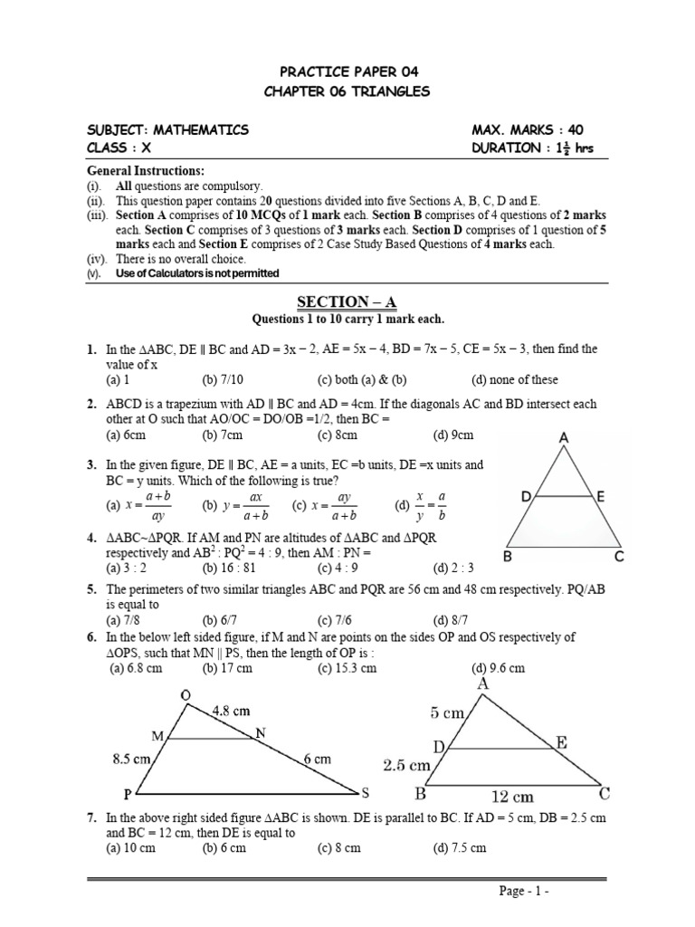 Class X Mathematics Practice Paper: Triangles | PDF | Euclidean ...