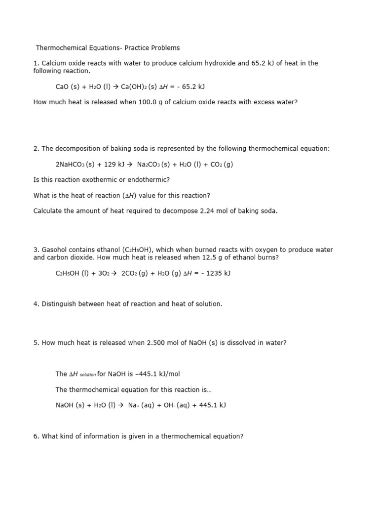 Thermochemical Equations Practice Problems | PDF