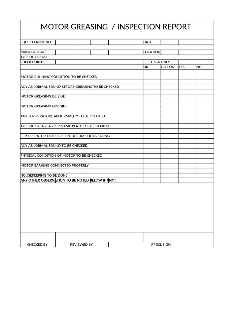 Motor Greasing Inspection Report | PDF
