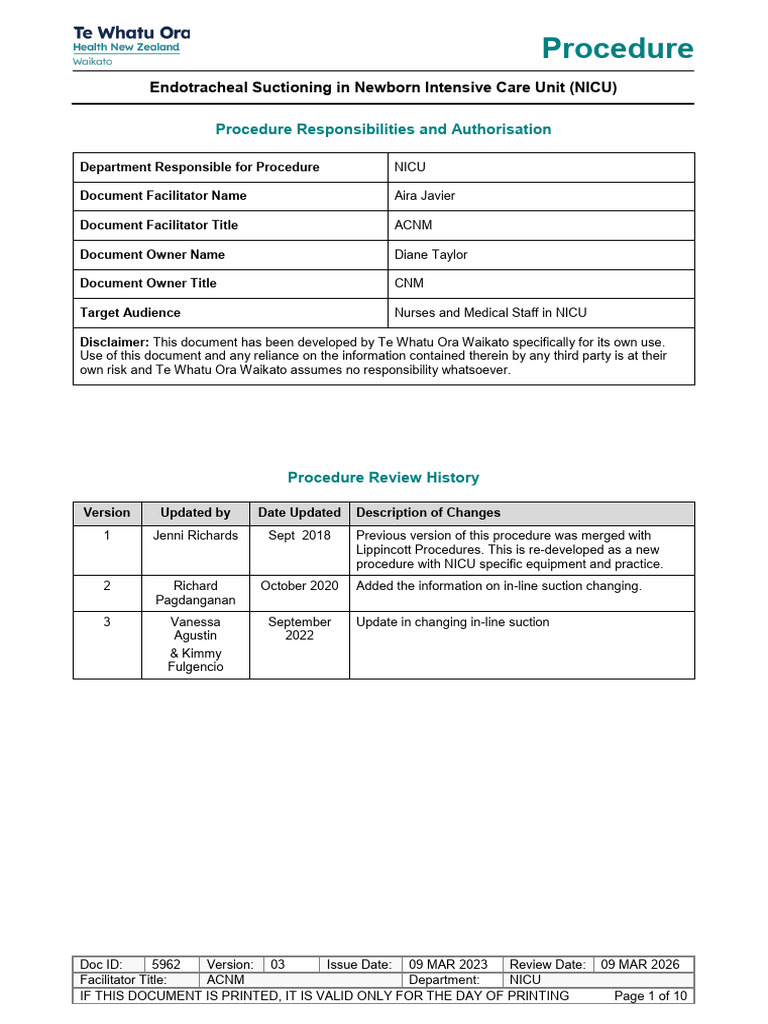 NICU Endotracheal Suctioning Procedure | PDF | Neonatal Intensive Care ...