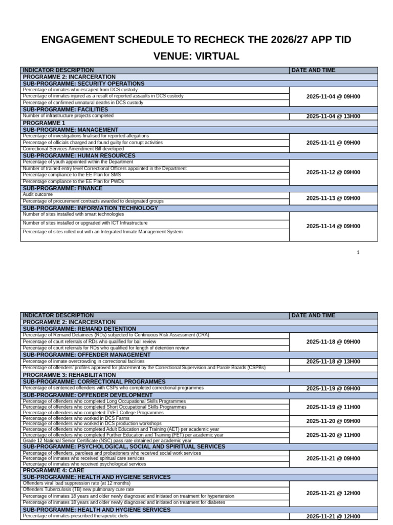 2026/27 APP TID Engagement Schedule | PDF | Parole | Imprisonment And ...