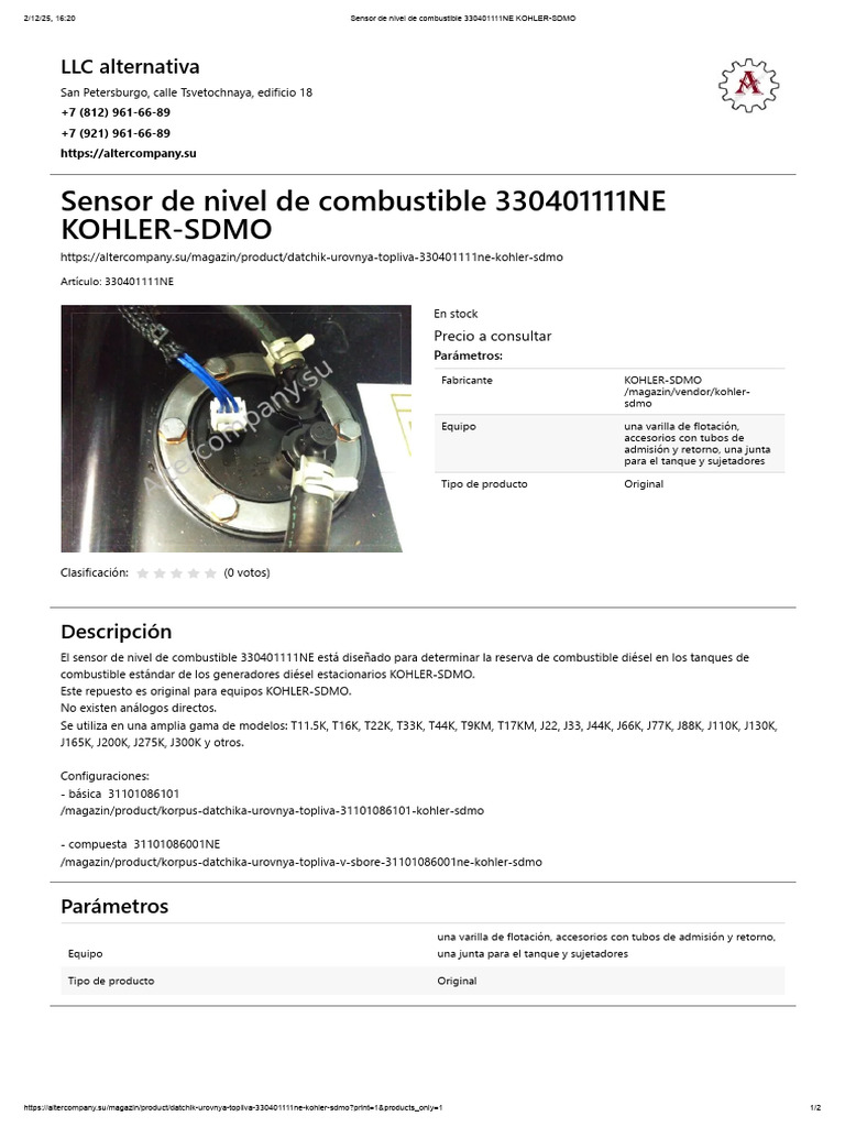 Sensor de combustible KOHLER-SDMO 330401111NE | PDF