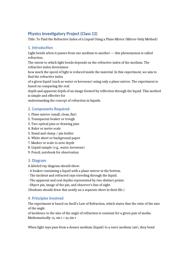 Physics Investigatory Project RefractiveIndex | PDF | Refraction ...