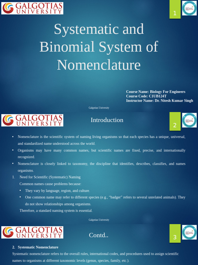 Systematic & Binomial Nomenclature Guide | PDF | Genus | Taxonomy (Biology)