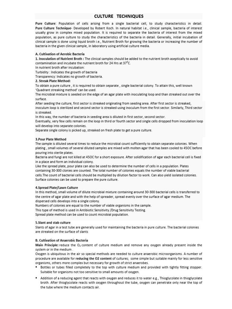 Bacterial Culture Techniques Overview | PDF | Biology | Microbiology