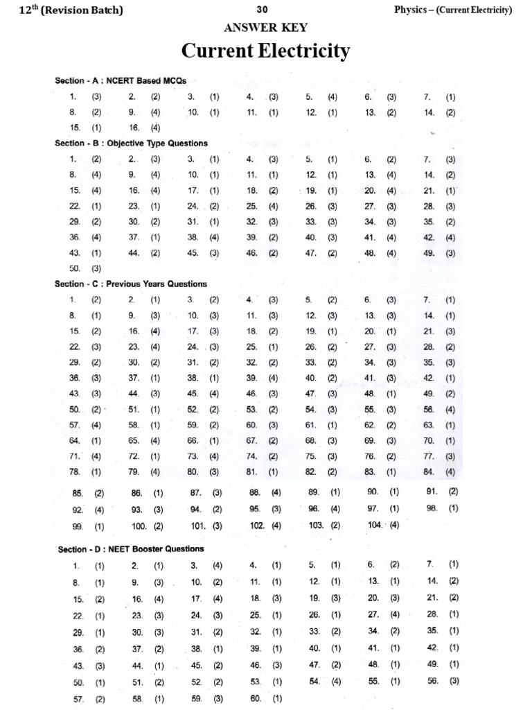 Current Electricity - Answer Key | PDF