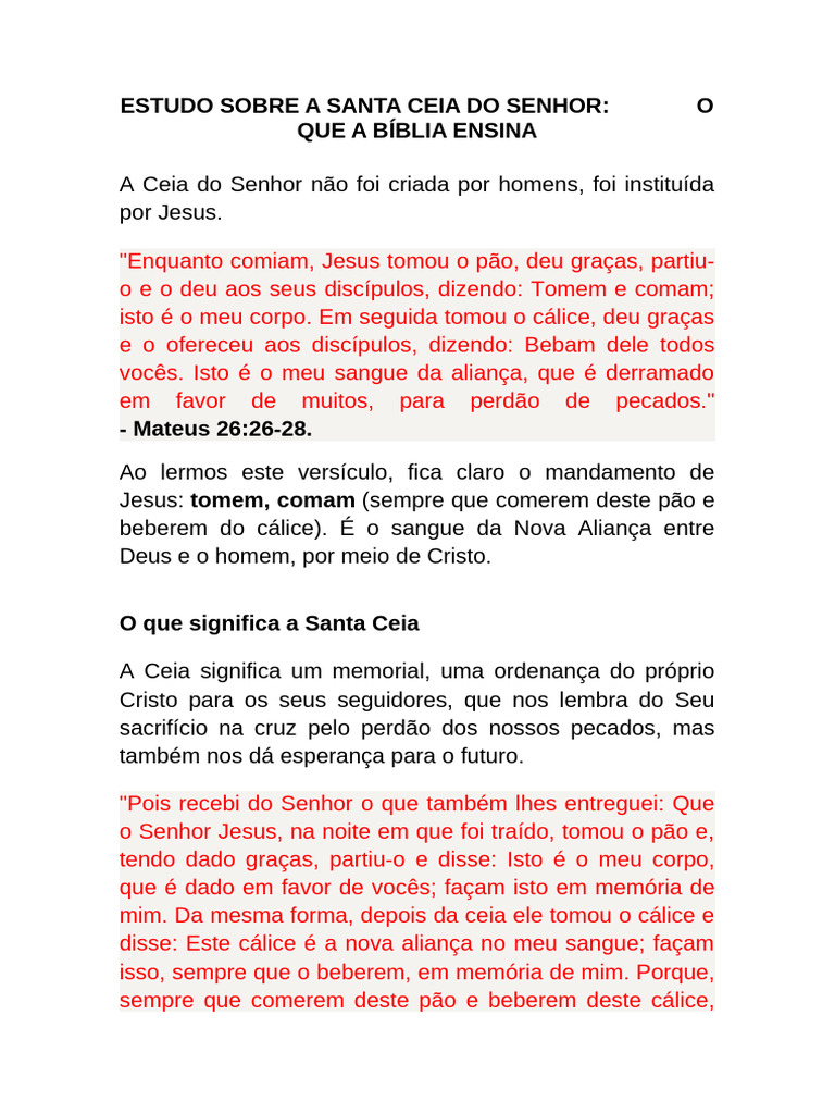 ESTUDO SOBRE A SANTA CEIA DO SENHOR | PDF | Eucaristia | Jesus
