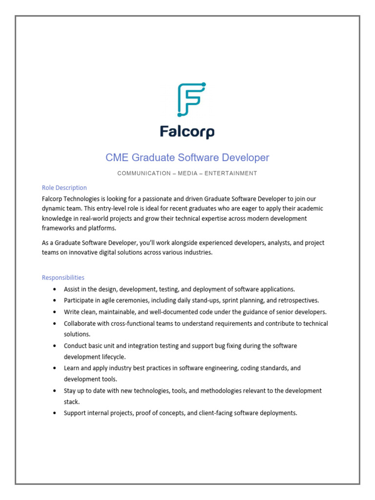 CME Graduate Role Description - Falcorp Technologies | PDF