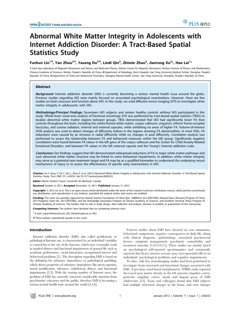 White Matter Integrity in Internet Addiction | PDF | Corpus Callosum ...