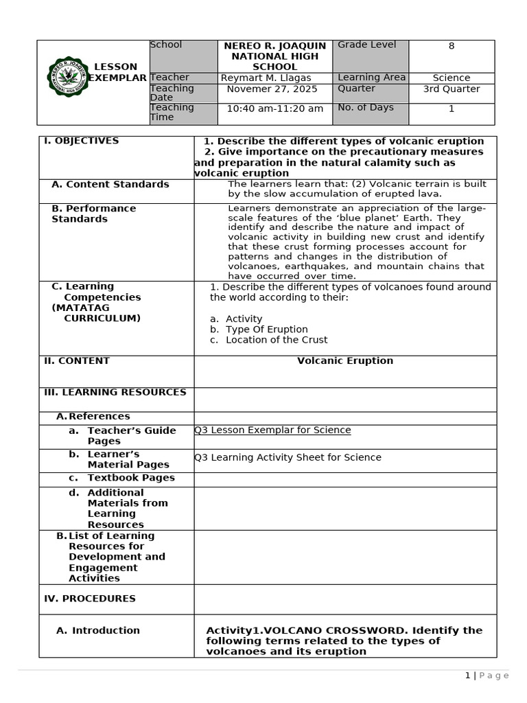 Types of Volcanic Eruptions Lesson Plan | PDF | Volcano | Geological ...