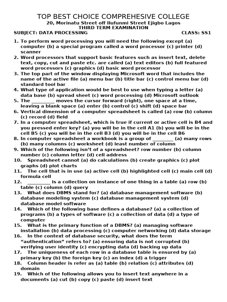 Data Processing Exam Questions for SS1 & SS2 | PDF | Databases ...