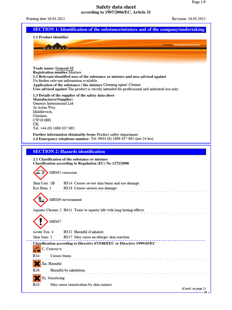 Genesol 32 Safety Data Sheet | PDF | Waste | Toxicity