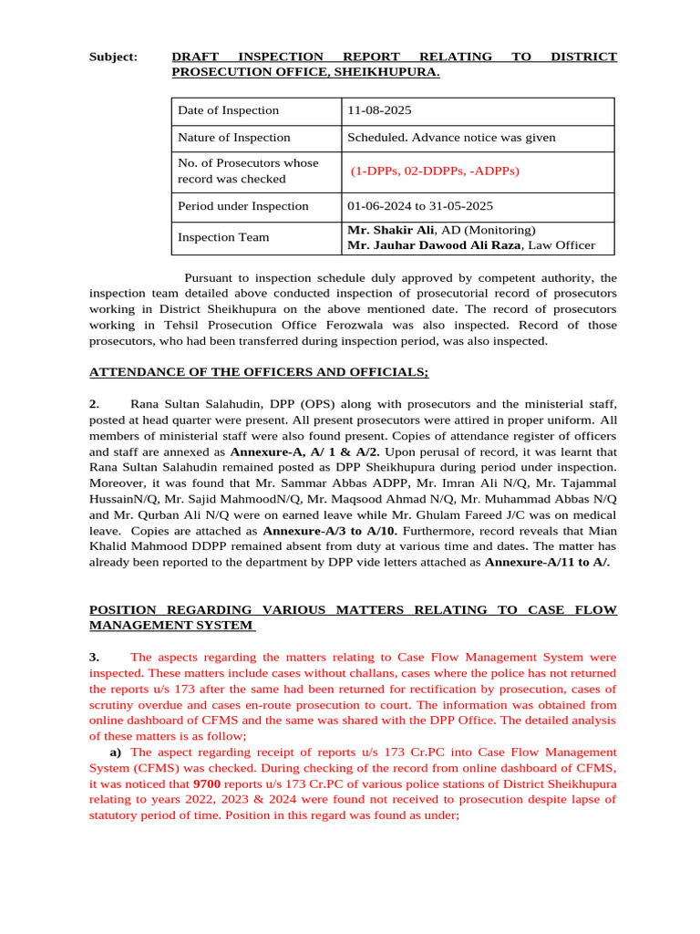 Sheikhupura District Prosecution Inspection Report | PDF | Prosecutor ...