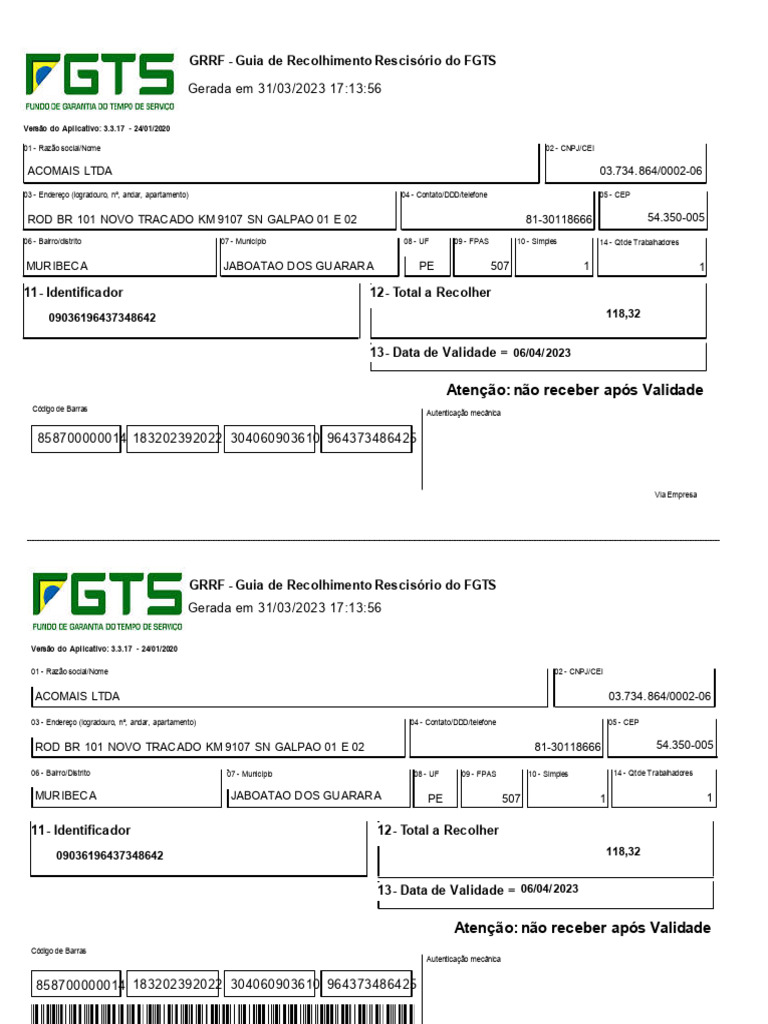 Guia de Recolhimento FGTS ACOMAIS LTDA | PDF
