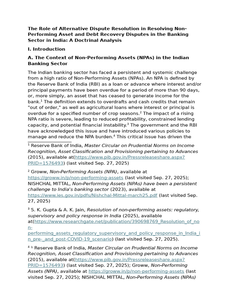 ADR for NPA and Debt Recovery in India | PDF | Alternative Dispute ...