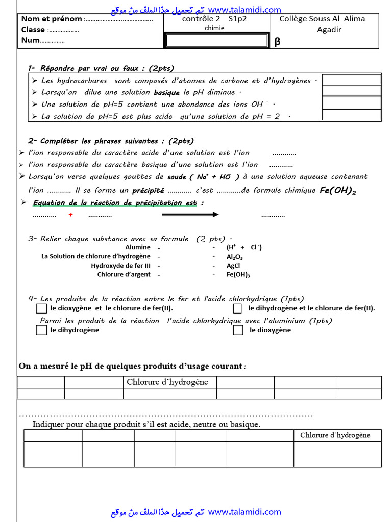 Contrôle de chimie : pH et réactions chimiques | PDF | Acide | Hydroxyde