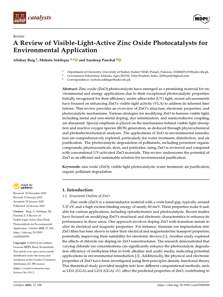 A Review of Visible-Light-Active Zinc Oxide Photocatalysts for ...